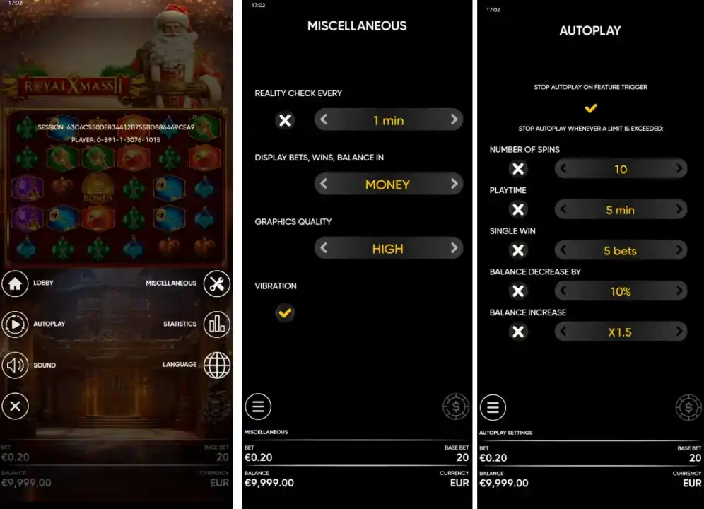Settings and autoplay configuration in Royal Xmass 2 mobile app.