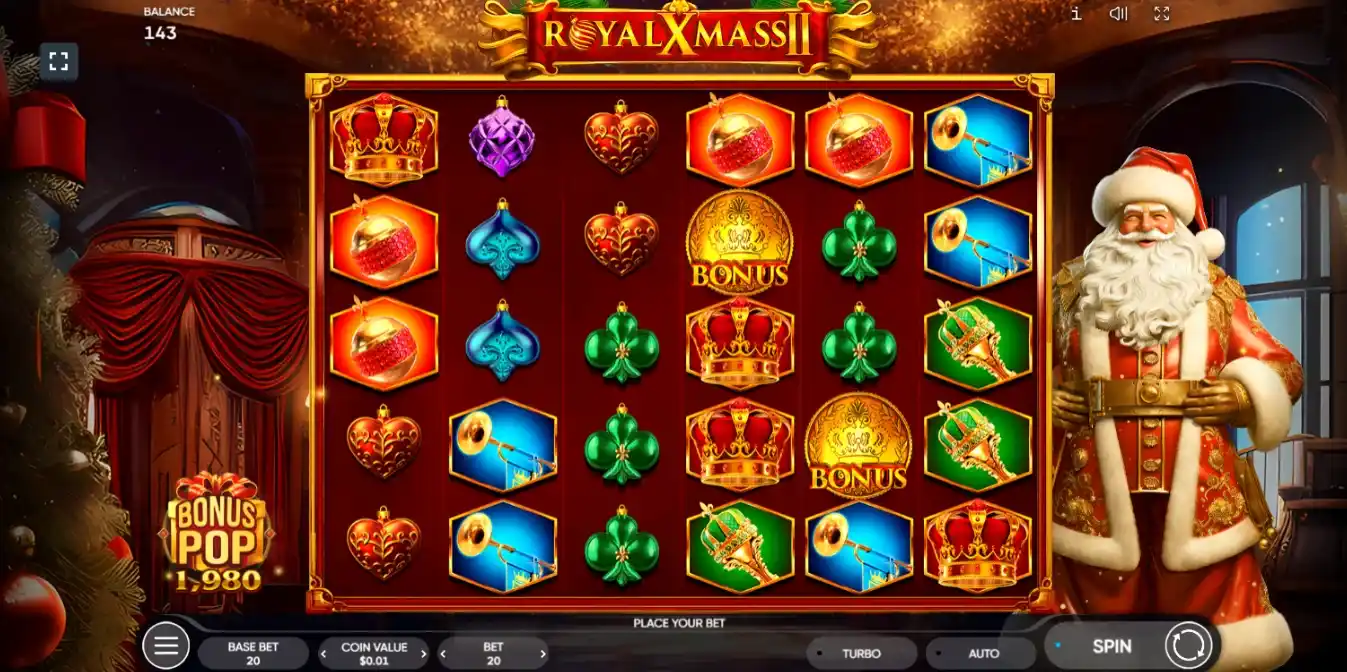 Paytable screen with Royal Xmass 2 symbols and their payouts.