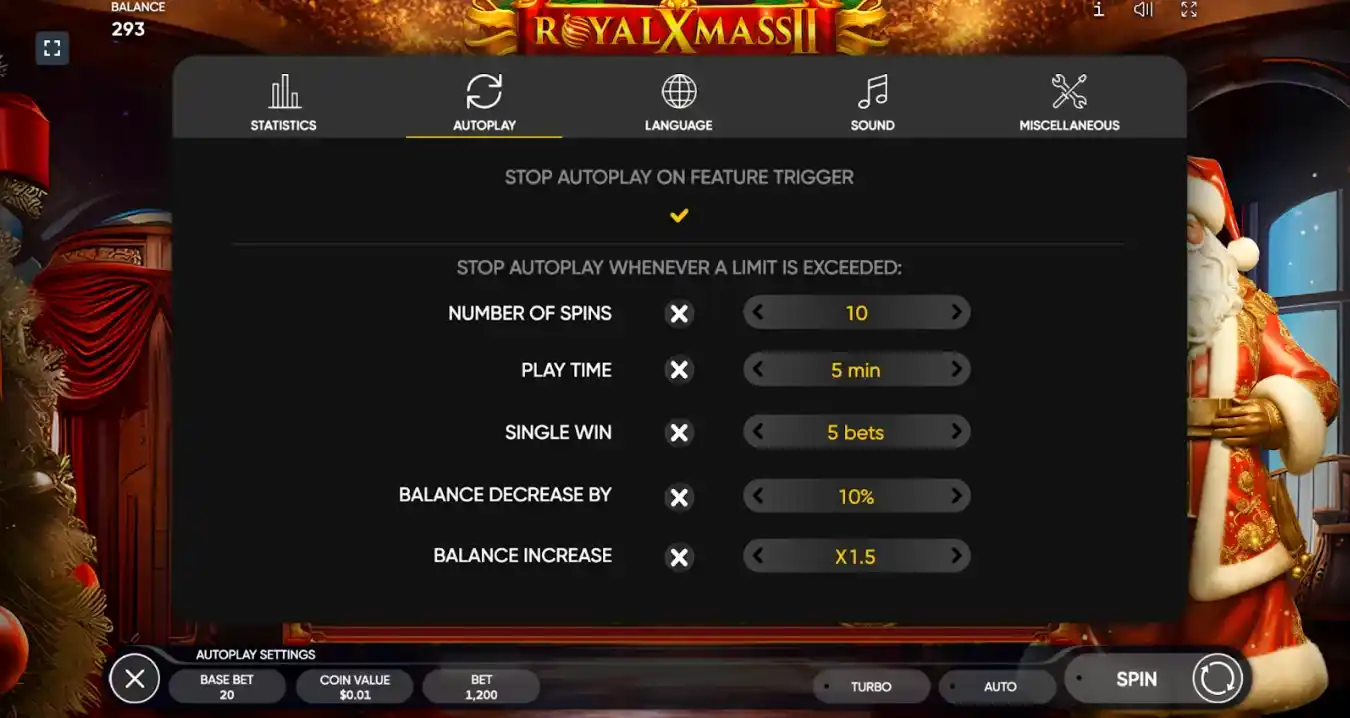 Autoplay settings with limits and options in Royal Xmass 2 slot.