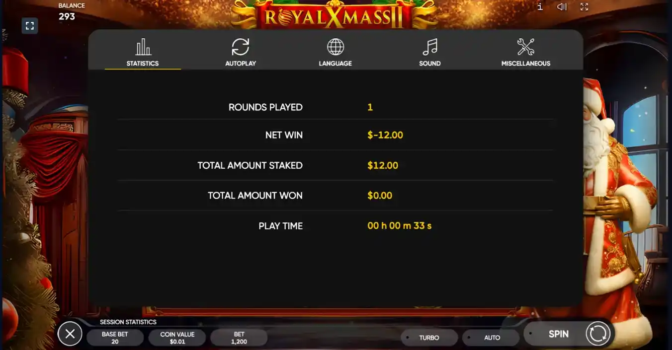 Displays session statistics including rounds played, net wins, and playtime.