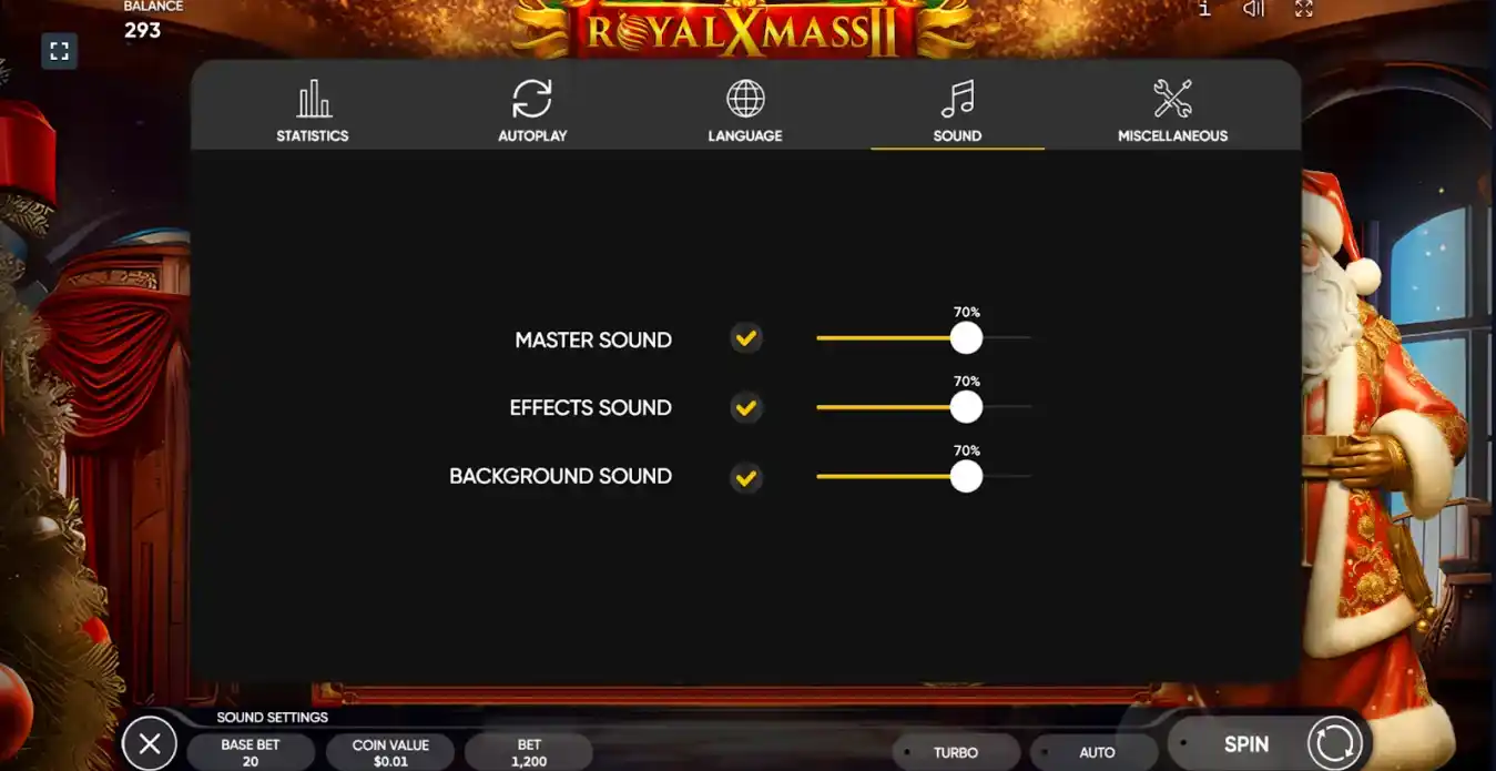 Allows adjustment of master, effects, and background sound volumes.